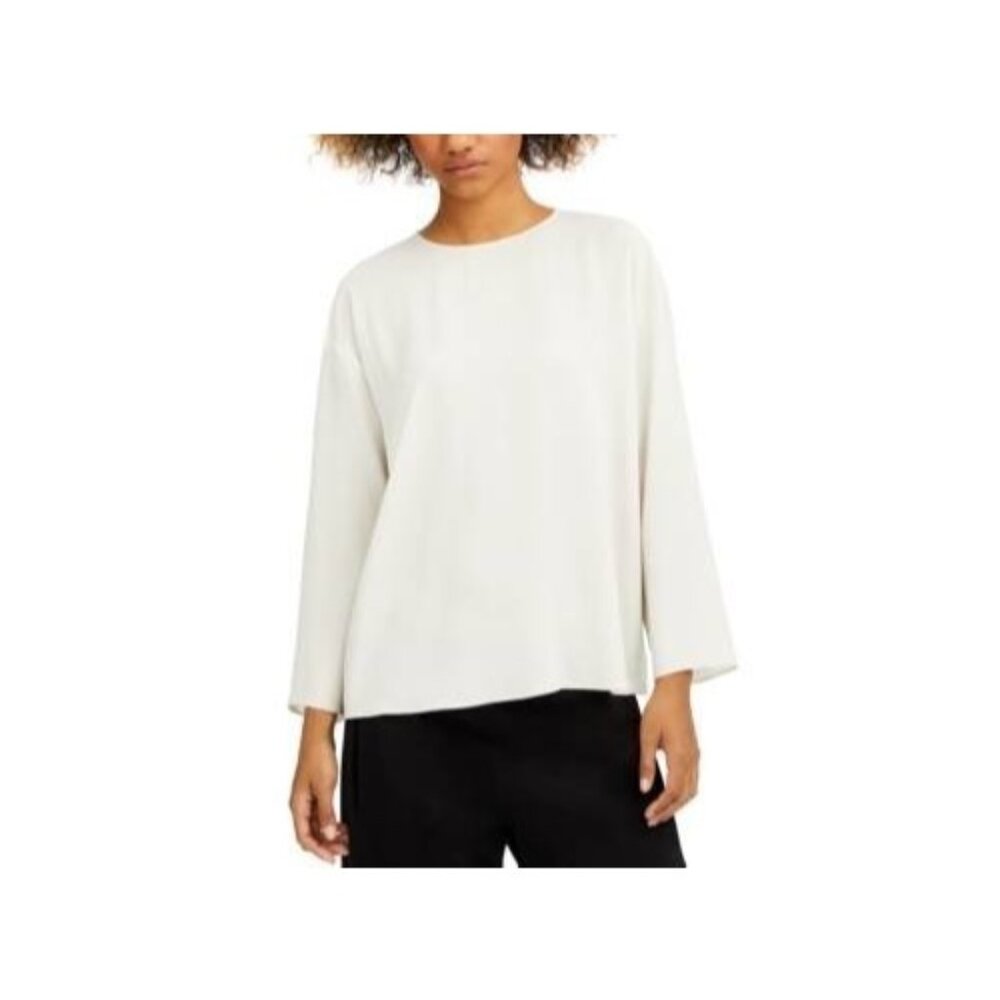 Eileen Fisher Round-Neck Silk Top Light Cement Grey SZ PS MSRP $278